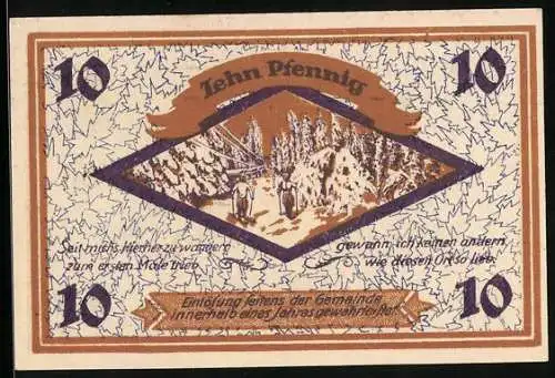 Notgeld Friedrichroda /Th., 10 Pfennig, Siegel, Skiläufer und Tannen