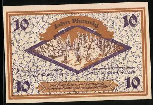 Notgeld Friedrichroda /Th., 10 Pfennig, Wappen, Ortspartie mit Skiläufern