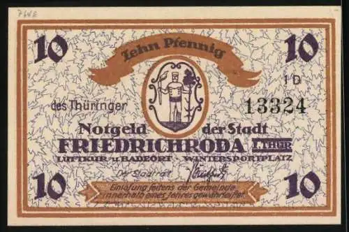 Notgeld Friedrichroda /Th., 10 Pfennig, Wappen, Ortspartie mit Skiläufern