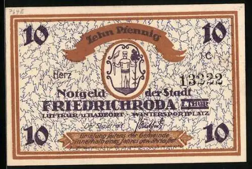Notgeld Friedrichroda /Th., 10 Pfennig, Wappen, Waldpartie mit Skiläufern