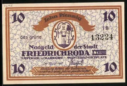 Notgeld Friedrichroda /Th., 10 Pfennig, Wappen, Skiläufer im Wald