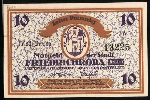 Notgeld Friedrichroda /Th., 10 Pfennig, Wappen, Ortspartie mit zwei Skiläufern