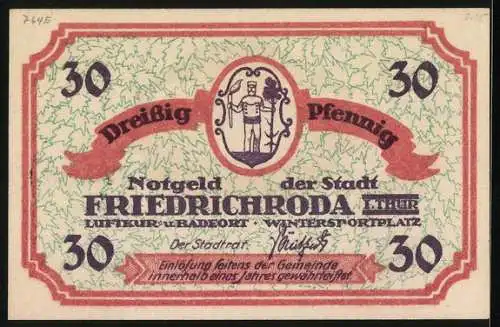 Notgeld Friedrichroda /Th., 30 Pfennig, Wappen, Ortsansicht