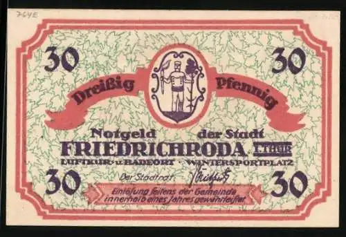 Notgeld Friedrichroda /Th., 30 Pfennig, Wappen, Ortsansicht im Winter