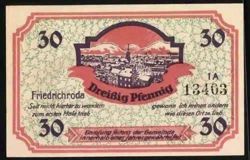 Notgeld Friedrichroda /Th., 30 Pfennig, Wappen, Ortsansicht im Winter