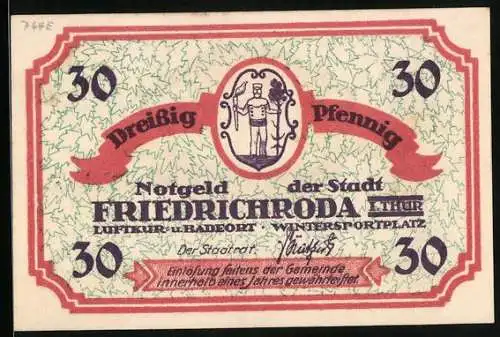 Notgeld Friedrichroda /Th., 30 Pfennig, Wappen, Teilansicht im Winter