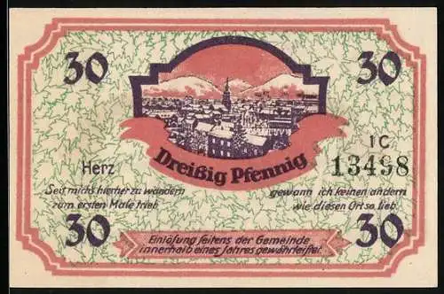 Notgeld Friedrichroda /Th., 30 Pfennig, Wappen, Ortsansicht mit Bergen