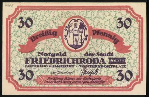 Notgeld Friedrichroda /Th., 30 Pfennig, Wappen, Ortsansicht mit Bergen