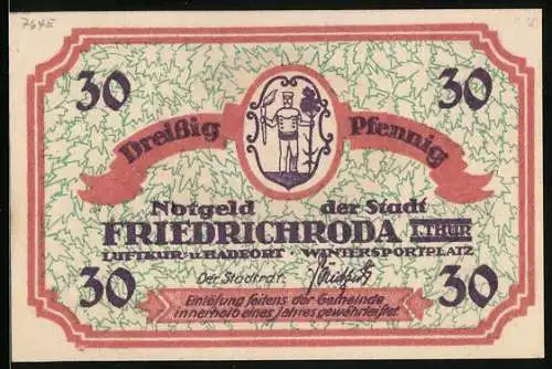 Notgeld Friedrichroda /Th., 30 Pfennig, Wappen, Teilansicht mit Bergpanorama