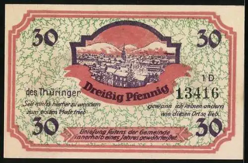 Notgeld Friedrichroda /Th., 30 Pfennig, Wappen, Teilansicht mit Bergpanorama