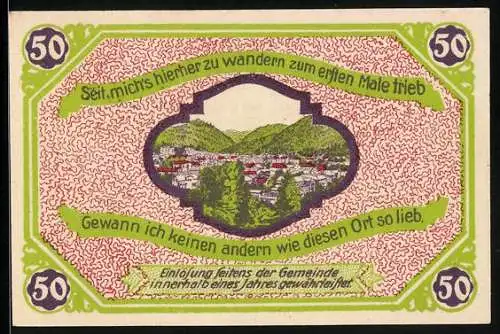 Notgeld Friedrichroda /Th., 50 Pfennig, Wappen, Ortsansicht mit Bergen