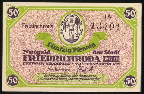 Notgeld Friedrichroda /Th., 50 Pfennig, Wappen, Ortsansicht mit Bergen