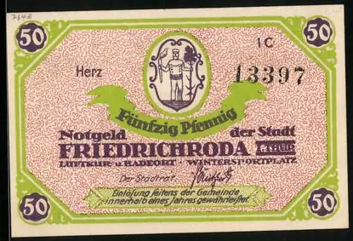 Notgeld Friedrichroda /Th., 50 Pfennig, Wappen, Ortsansicht mit Bergpanorama