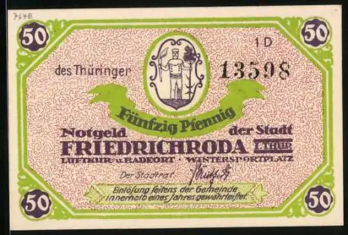 Notgeld Friedrichroda /Th., 50 Pfennig, Wappen, Ortsansicht aus der Vogelschau