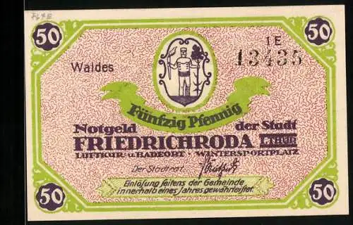Notgeld Friedrichroda /Th., 50 Pfennig, Wappen, Ortsansicht von oben