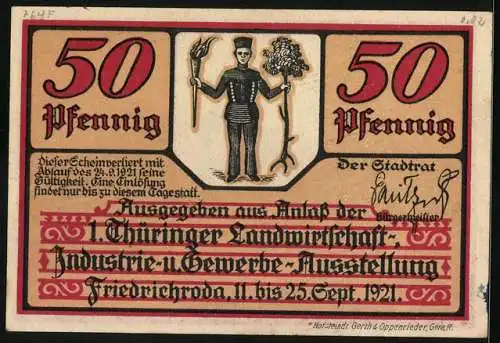 Notgeld Friedrichroda 1921, 50 Pfennig, Stadtwappen, Gasthaus Felsenkeller / Kurhaus