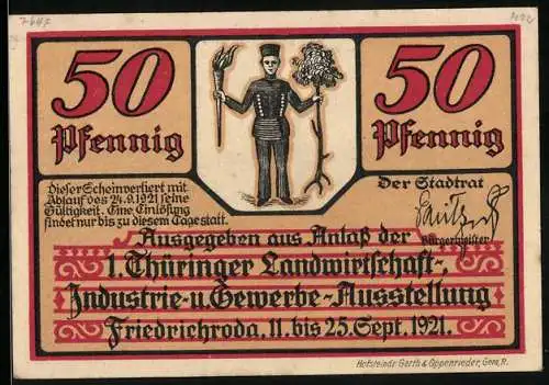 Notgeld Friedrichroda 1921, 50 Pfennig, Stadtwappen, Ortsansicht mit Landstrasse