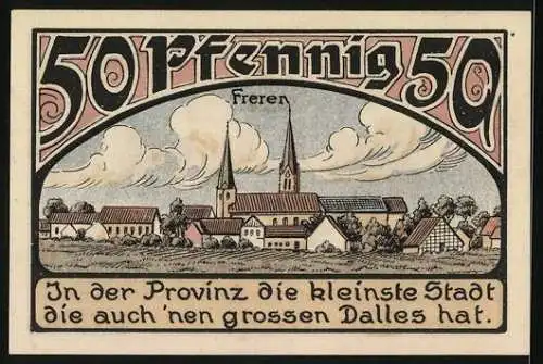 Notgeld Freren 1921, 50 Pfennig, Wappen, Ortspanorama