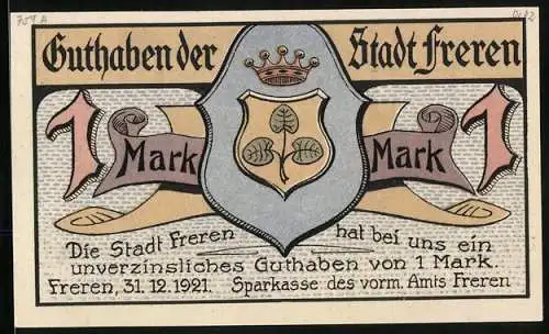 Notgeld Freren 1921, 1 Mark, Wappen, Hünengrab zum Opferstein
