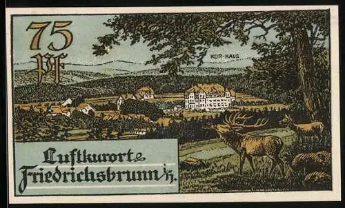 Notgeld Friedrichsbrunn i. H. 1921, 75 Pfennig, Friedrich der Grosse und Bauern, Ortspartie mit Kurhaus