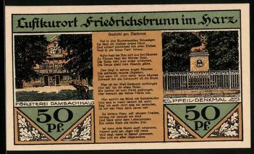 Notgeld Friedrichsbrunn i. H. 1921, 50 Pfennig, Friedrich der Grosse und Bauern, Försterei Dambachhaus, Pfeil-Denkmal