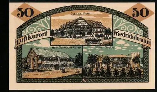 Notgeld Friedrichsbrunn i. H. 1921, 50 Pfennig, Friedrich der Grosse und Bauern, Jungs Hotel, Grebe und Schwarzer Adler