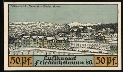 Notgeld Friedrichsbrunn i. H. 1921, 50 Pfennig, Friedrich der Grosse und Bauern, Villenviertel und Sanatorium im Winter