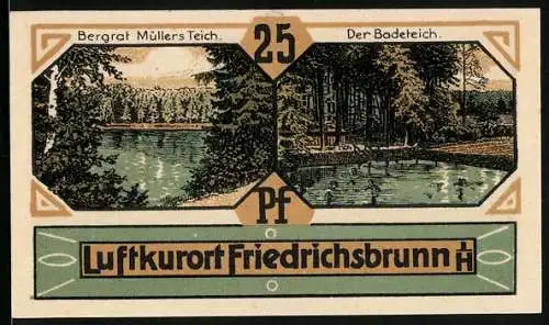 Notgeld Friedrichsbrunn i. H. 1921, 25 Pfennig, Friedrich der Grosse und Bauern, Bergrat Müllers Teich, Badeteich