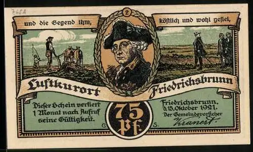 Notgeld Friedrichsbrunn i. H. 1921, 75 Pfennig, Friedrich der Grosse und Bauern, Ortsansicht mit Hirsch