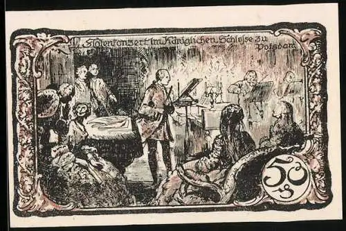 Notgeld Friedrichsbrunn i. H. 1921, 50 Pfennig, Hände mit Geldmünzen, Waage, Flötenkonzert Friedrich II. in Potsdam