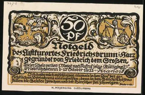Notgeld Friedrichsbrunn i. H. 1921, 50 Pfennig, Hände mit Geldmünzen, Waage, Flötenkonzert Friedrich II. in Potsdam