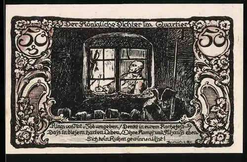 Notgeld Friedrichsbrunn i. H. 1921, 50 Pfennig, Hände mit Geldmünzen, Waage, Der königliche Dichter im Quartier