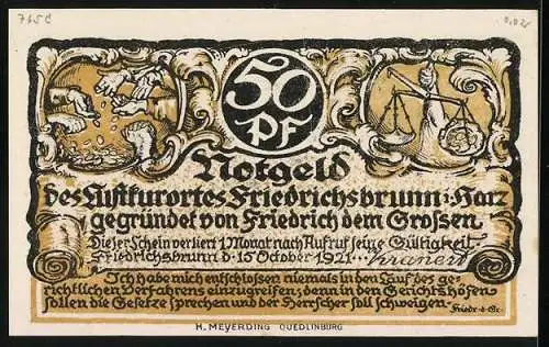 Notgeld Friedrichsbrunn i. H. 1921, 50 Pfennig, Hände mit Geldmünzen, Waage, Der königliche Dichter im Quartier