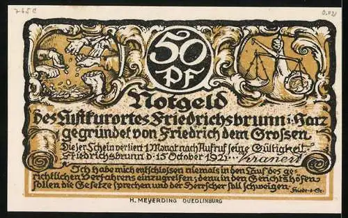 Notgeld Friedrichsbrunn i. H. 1921, 50 Pfennig, Hände mit Geldmünzen, Waage, Portrait Friedrich II.