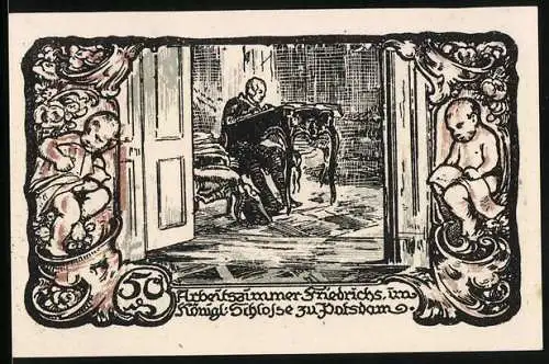 Notgeld Friedrichsbrunn i. H. 1921, 50 Pfennig, Hände mit Geldmünzen, Waage, Arbeitszimmer Friedrich II. in Potsdam