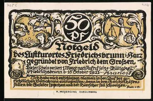 Notgeld Friedrichsbrunn i. H. 1921, 50 Pfennig, Hände mit Geldmünzen, Waage, Briefe Friedrich II.