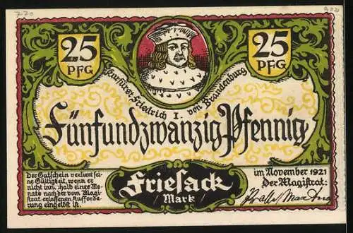 Notgeld Friesack /Mark 1921, 25 Pfennig, Kurfürst Friedrich I., Rhinpartie