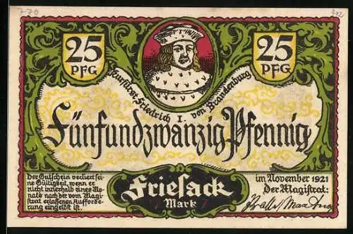 Notgeld Friesack /Mark 1921, 25 Pfennig, Kurfürst Friedrich I., Kurfürsten-Denkmal mit Wappen