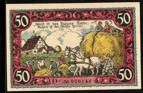 Notgeld Friesack /Mark 1921, 50 Pfennig, Kurfürst Friedrich I., Bauern bei der Heuernte