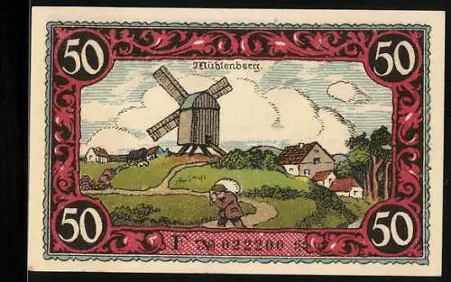 Notgeld Friesack /Mark 1921, 50 Pfennig, Kurfürst Friedrich I., Mühlenberg mit Mühle