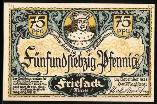 Notgeld Friesack /Mark 1921, 75 Pfennig, Kurfürst Friedrich I., Raubritter-Überfall auf reisende Kaufleute