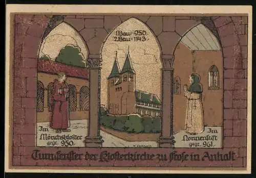 Notgeld Frose /Kr. Ballenstedt 1921, 50 Pfennig, Säulenköpfe und Turmfenster der Klosterkirche, Siegel