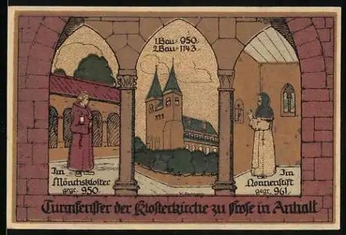Notgeld Frose /Kr. Ballenstedt 1921, 50 Pfennig, Säulenköpfe u. Turmfenster der Klosterkirche, Siegel