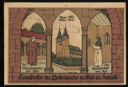 Notgeld Frose /Kr. Ballenstedt 1921, 50 Pfennig, Säulenköpfe u. Turmfenster der Klosterkirche, Mönch u. Nonne, Siegel
