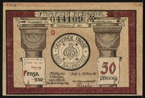 Notgeld Frose /Kr. Ballenstedt 1921, 50 Pfennig, Säulenköpfe u. Turmfenster der Klosterkirche, Mönch u. Nonne, Siegel