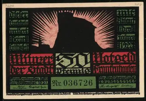 Notgeld Frankenhausen 1921, 50 Pfennig, Burg und Kirche, Bauersfrauen sehen das Niedermetzeln ihrer Männer