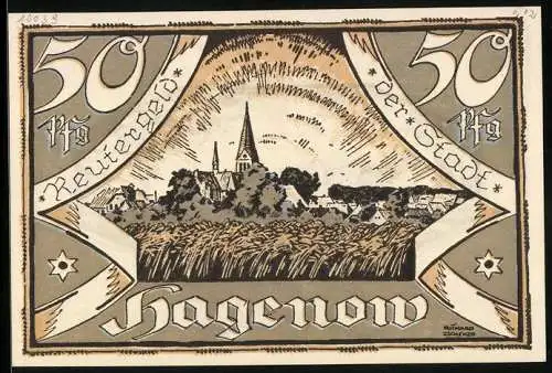 Notgeld Hagenow 1922, 50 Pfennig, Reutergeld, Ortsansicht, Kühe und Schafe