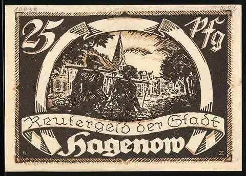 Notgeld Hagenow 1922, 25 Pfennig, Reutergeld, Kirche, Strassenpartie mit Marktfrauen, Wappen