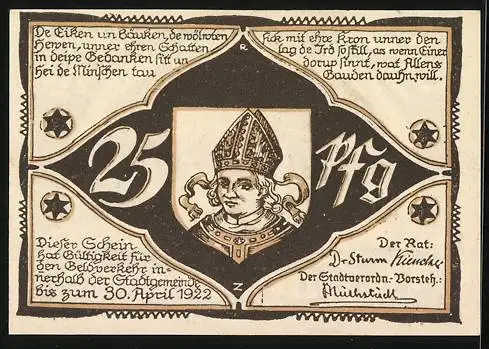 Notgeld Hagenow 1922, 25 Pfennig, Reutergeld, Kirche, Strassenpartie mit Marktfrauen, Wappen