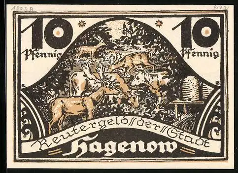 Notgeld Hagenow 1922, 10 Pfennig, Reutergeld, Windmühle, Hirsche und Bienenstock